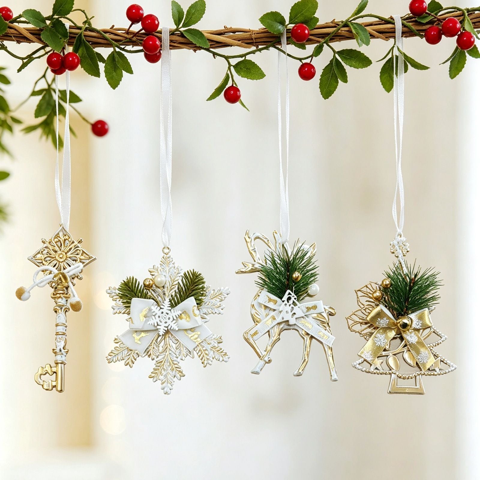 4pk Assorted White Gold Xmas Ornaments Tree/Reindeer/Snowflake/Key