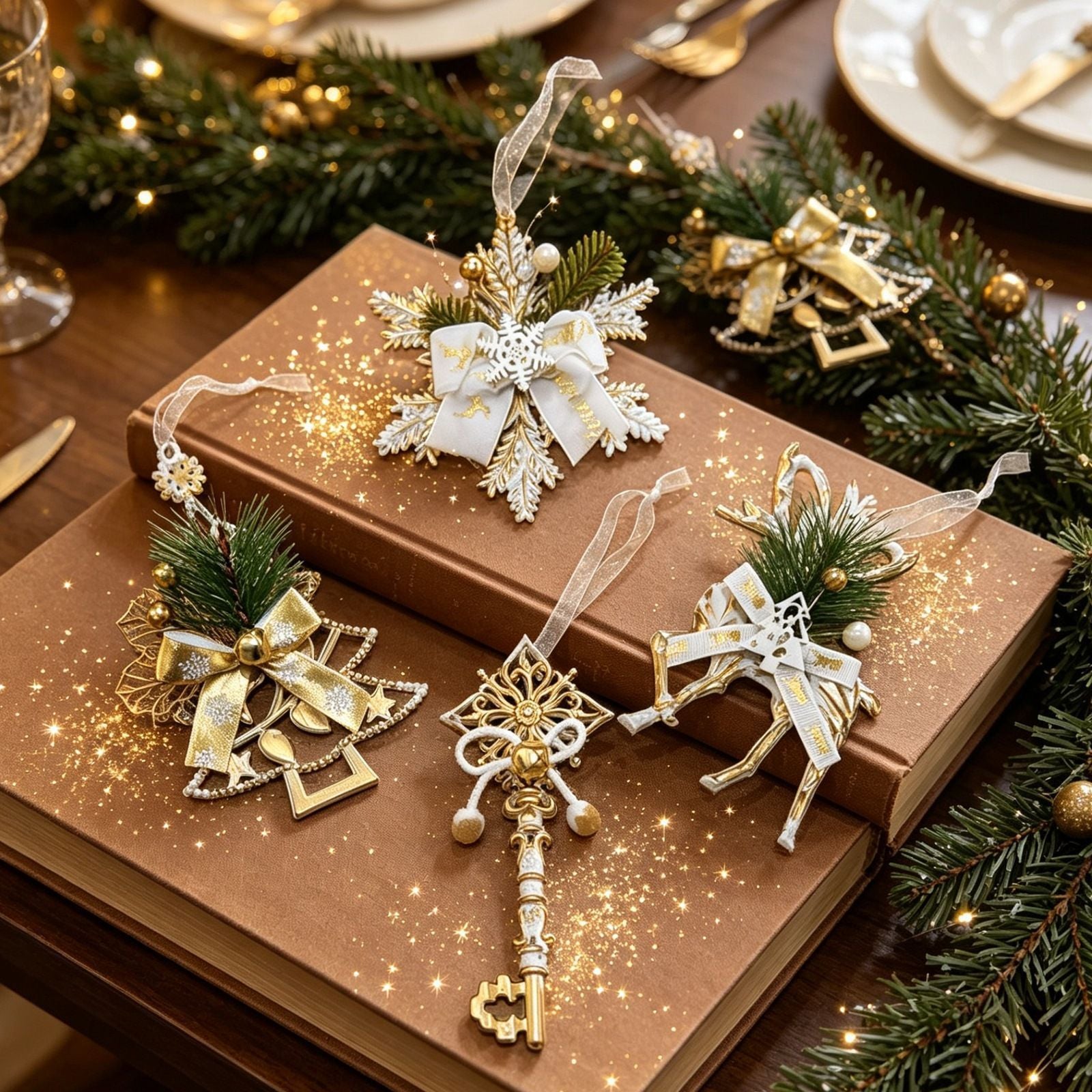 4pk Assorted White Gold Xmas Ornaments Tree/Reindeer/Snowflake/Key