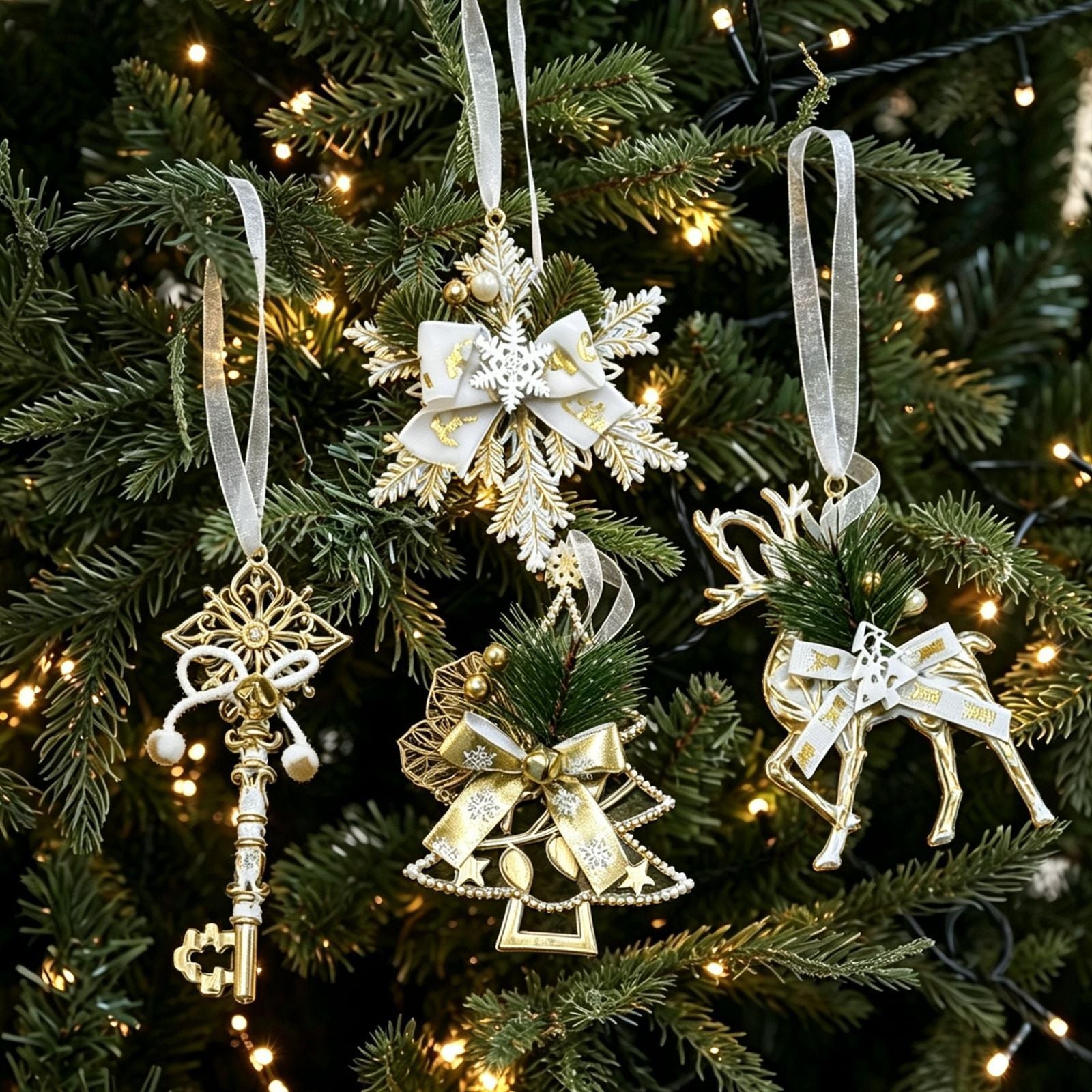 12pk Mixed White Gold Xmas Tree Baubles All 4 Designs Pack