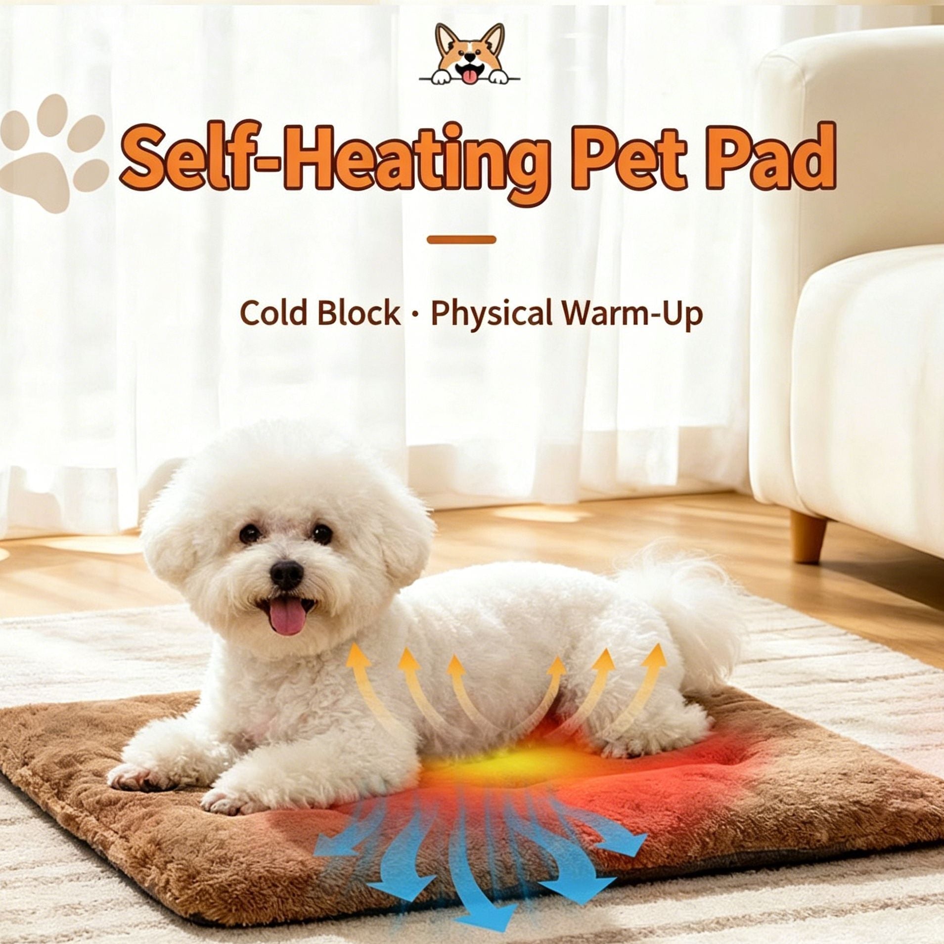 Khaki Self Heating Pet Pad M Size 45*70cm Warm Dog Cat Mat