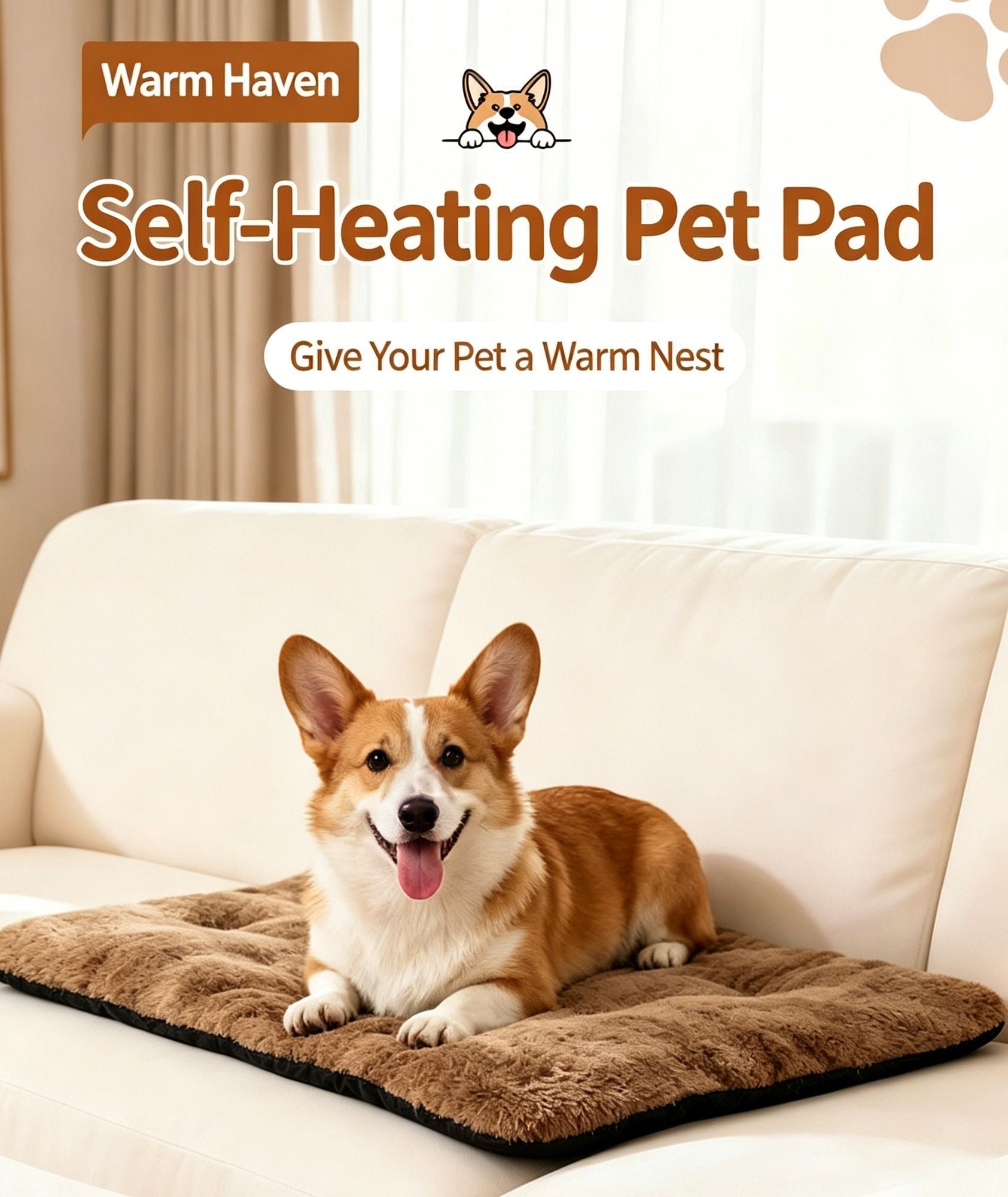 Khaki Self Heating Pet Pad L Size 56*90cm Warm Dog Cat Mat