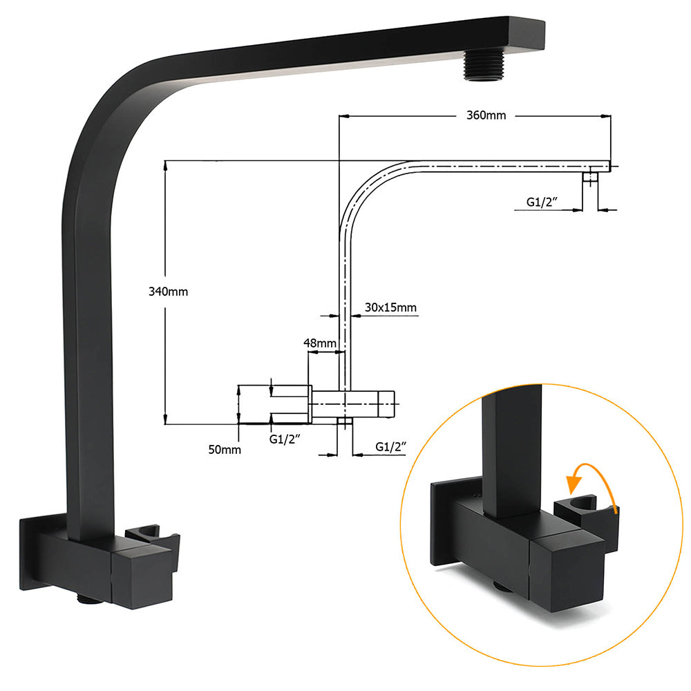 WELS Matt Black Square 10" Shower Head 3 Modes Handheld Gooseneck Arm Twin Taps Set