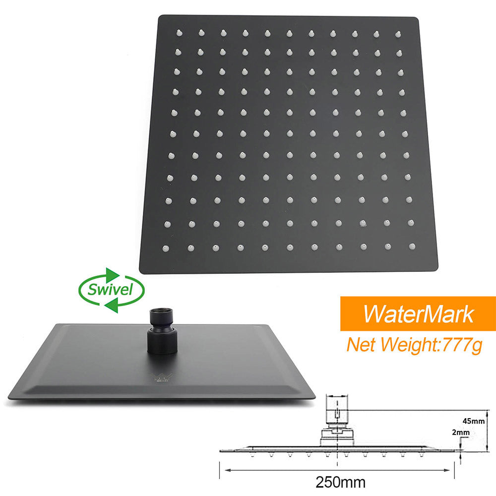 Matt Black Square 10" Thin Shower Head 3 Modes Handheld Gooseneck Arm Twin Set + Mixer