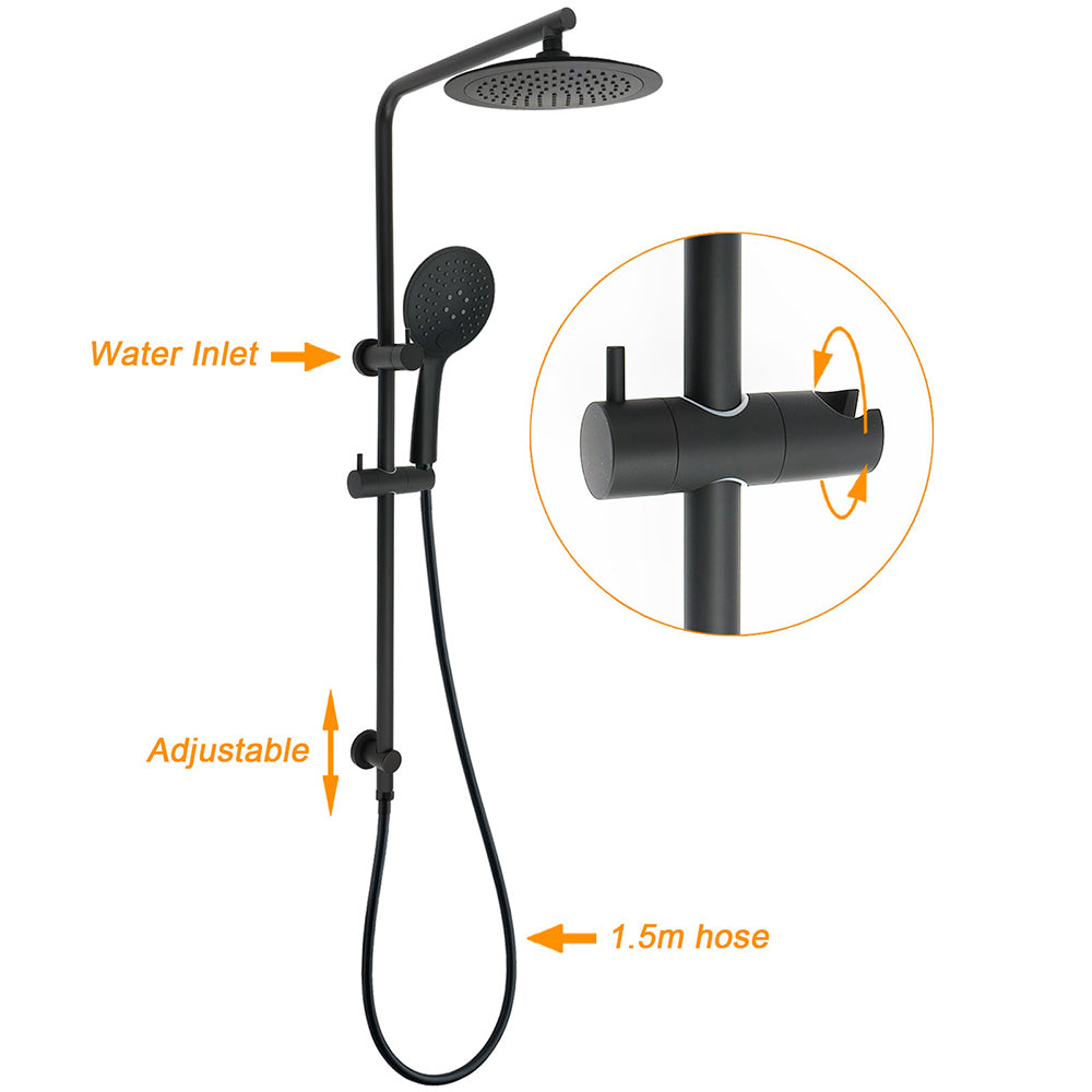 Matt Black Round 9" Rainfall Head Handheld Sliding Rail Wall Arm Dual Shower Taps Set