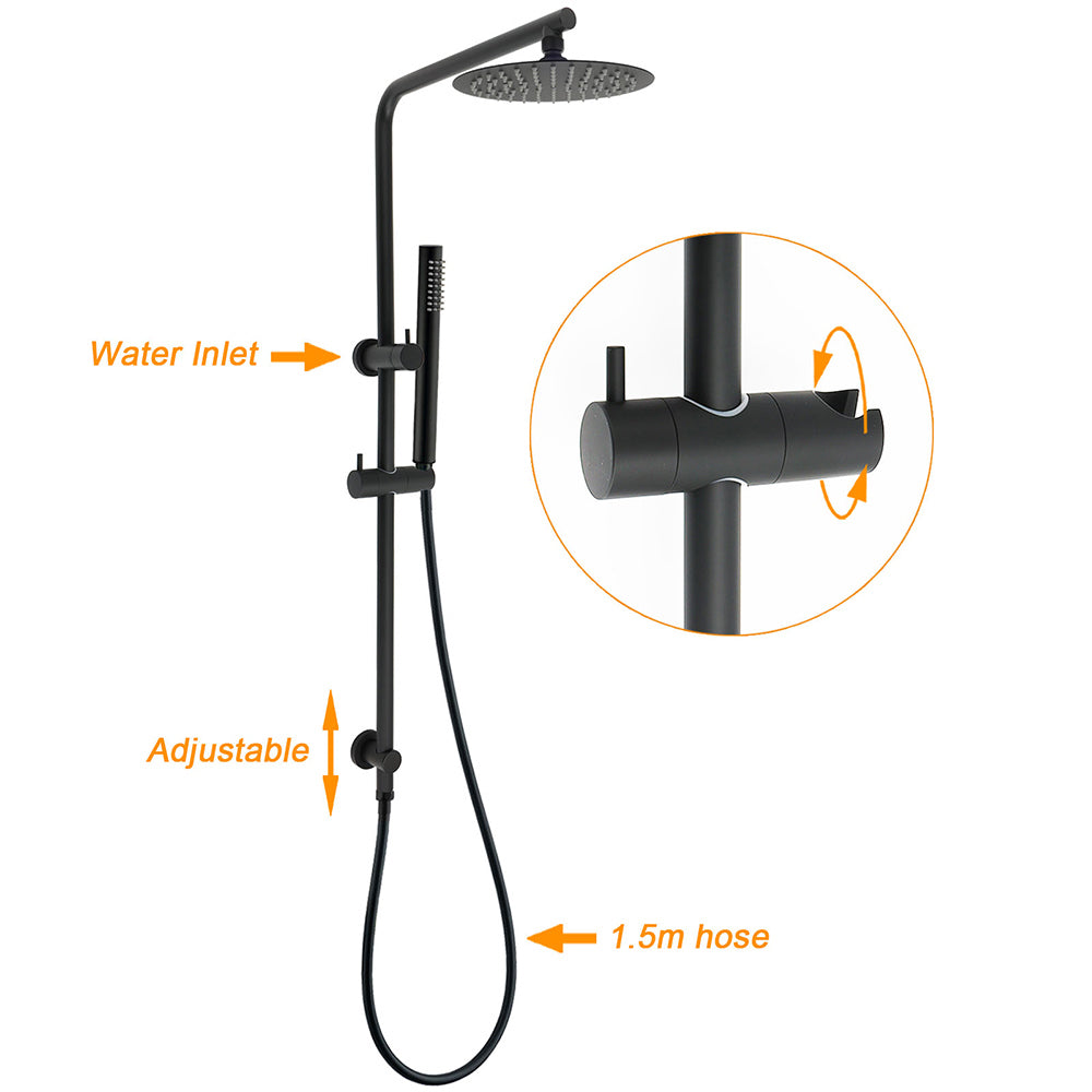 Matt Black Round 8" Rain Shower Head 3 Mode Handheld 2 in 1 Wall Arm Taps Set