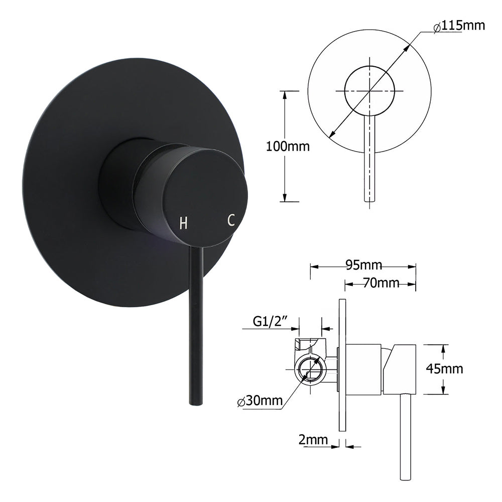 Matt Black Round 8" Rain Shower Head 3 Mode Handheld 2 in 1 Wall Arm Mixer Set