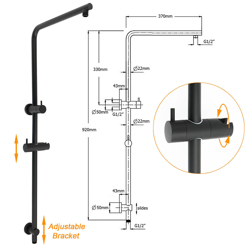 Matt Black Round 250mm Rain Shower Head Brass Handheld Slide Rail Riser Arm Set