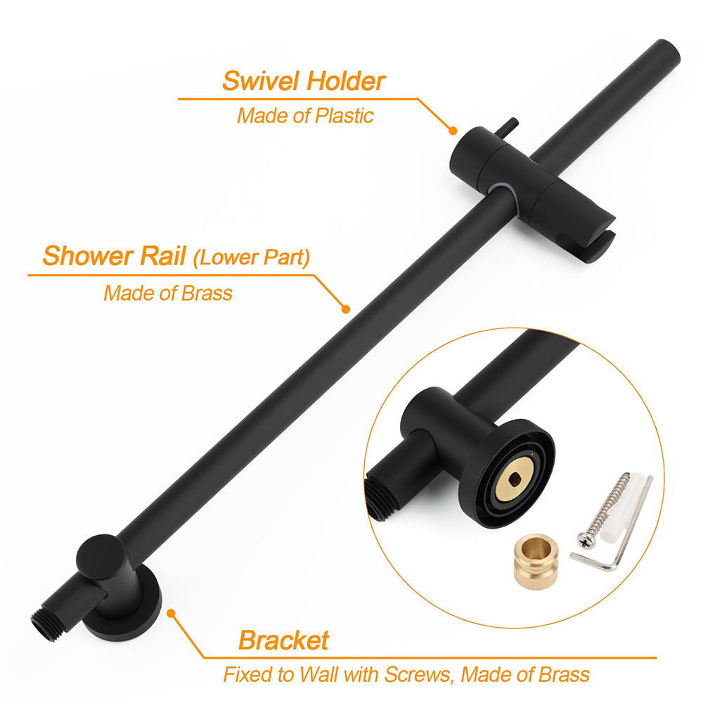 Matt Black Round 250mm Rain Shower Head Brass Handheld Slide Rail Riser Arm Set