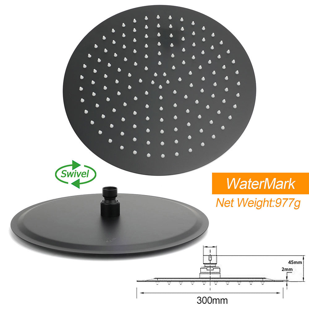Matt Black Round 12" Rain Shower Head Brass Handheld Riser Rail Set Diverter Mixer Taps