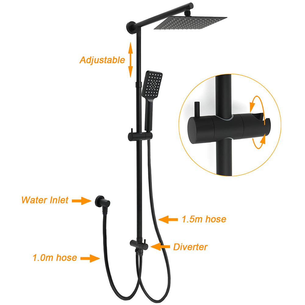 Matt Black 2in1 Set 8" Square Thin Shower Head Handheld Adjustable Silding Rail Twin Taps
