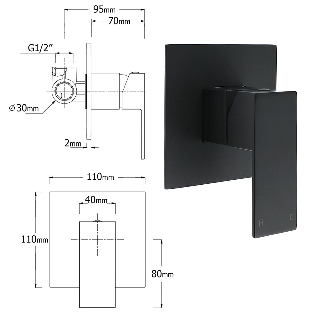 Matt Black Dual Shower Large 12" Square Head Handheld Adjustable Silde Rail Set Mixer