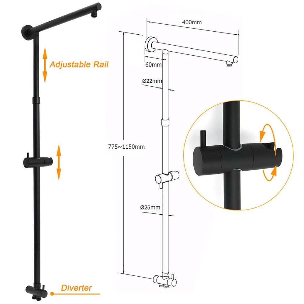 WELS Matt Black 2in1 Square 10" Rain Shower Head 3 Mode Handheld Adjustable Rail Twin Taps Set