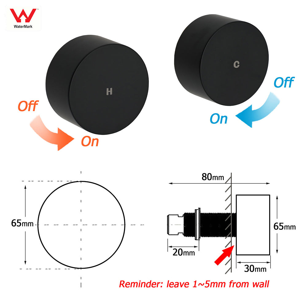 Matt Black Round 1/4 Turn Twin Shower Taps Hot Cold Wall Set Bath Vanity Mixer