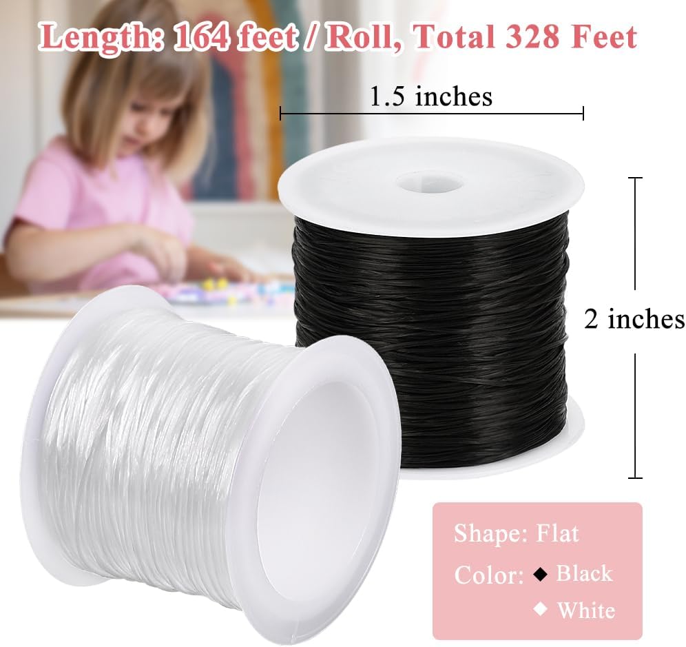 0.8mm Flat Stretchy Bracelet String, 2 Rolls 328 Feet Elastic String Bead Cord for Bracelets, Necklaces, Jewelry Making Supplies Black, White