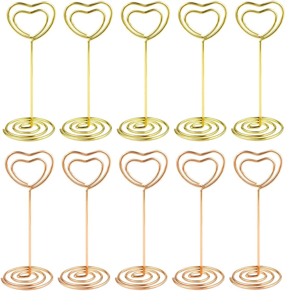 10 Pcs Heart Shaped Table Number Stand and Place Card Holder - Mini Wire Picture Photo Clips for Centerpieces, Wedding Party, Memo, Menu Stands Gold + Rose Gold