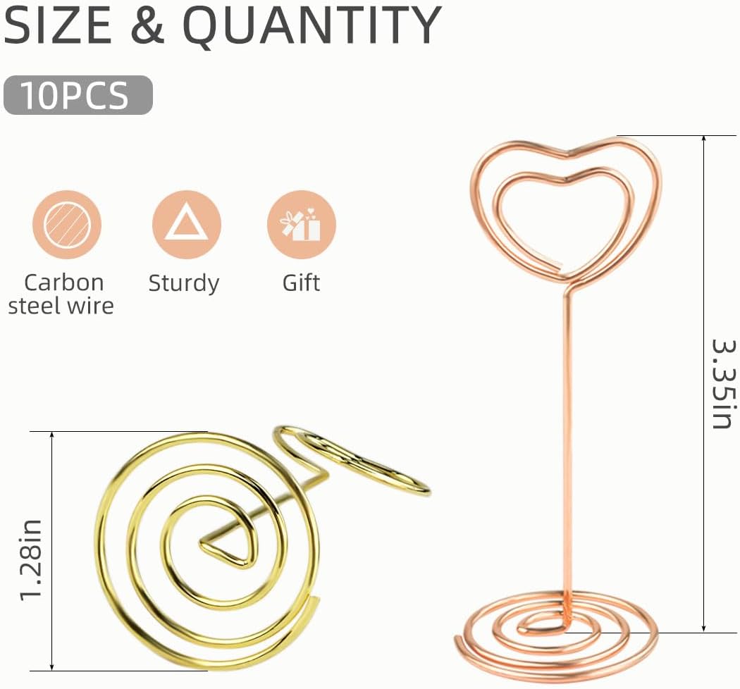 10 Pcs Heart Shaped Table Number Stand and Place Card Holder - Mini Wire Picture Photo Clips for Centerpieces, Wedding Party, Memo, Menu Stands Gold + Rose Gold