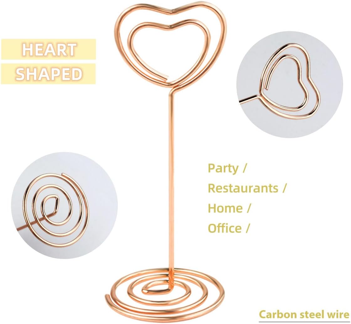 10 Pcs Heart Shaped Table Number Stand and Place Card Holder - Mini Wire Picture Photo Clips for Centerpieces, Wedding Party, Memo, Menu Stands Gold + Rose Gold