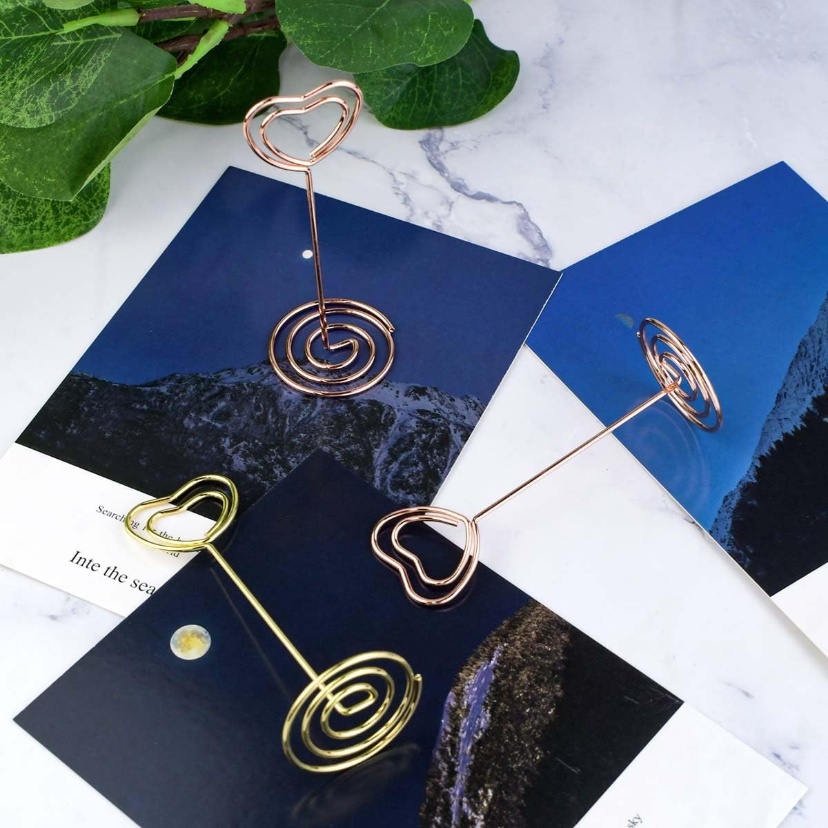 10 Pcs Heart Shaped Table Number Stand and Place Card Holder - Mini Wire Picture Photo Clips for Centerpieces, Wedding Party, Memo, Menu Stands Gold + Rose Gold