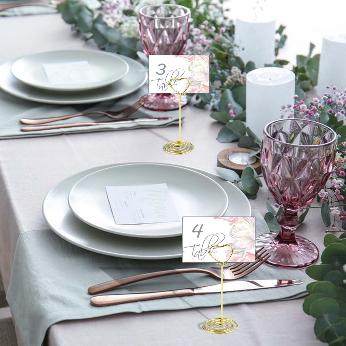 10 Pcs Heart Shaped Table Number Stand and Place Card Holder - Mini Wire Picture Photo Clips for Centerpieces, Wedding Party, Memo, Menu Stands Gold + Rose Gold