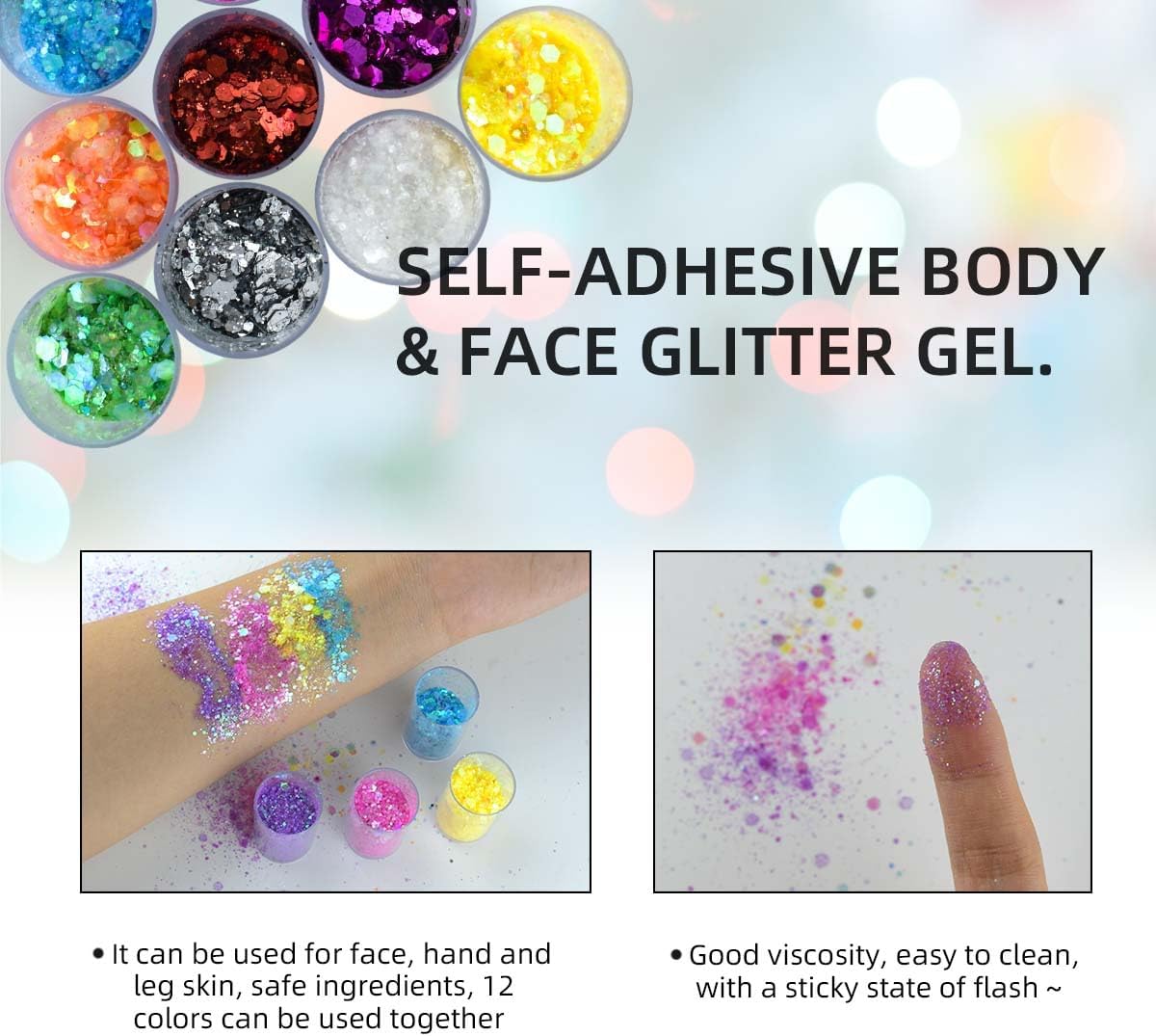12 Colors Chunky Face Glitter No Glue Cosmetic Body Nail Eye Hair Art Resin Tumbler Holographic Glitte Makeup Sequins Party for Rave Festival Fine Eyeshadow