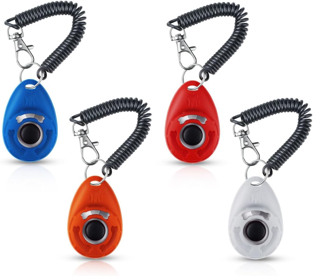 Petluno 4 Pieces Pet Training Clicker with Wrist Strap and Dog Treat Pouch for Puppy Cats Birds Kit Behavioral White, Red, Orange, Blue