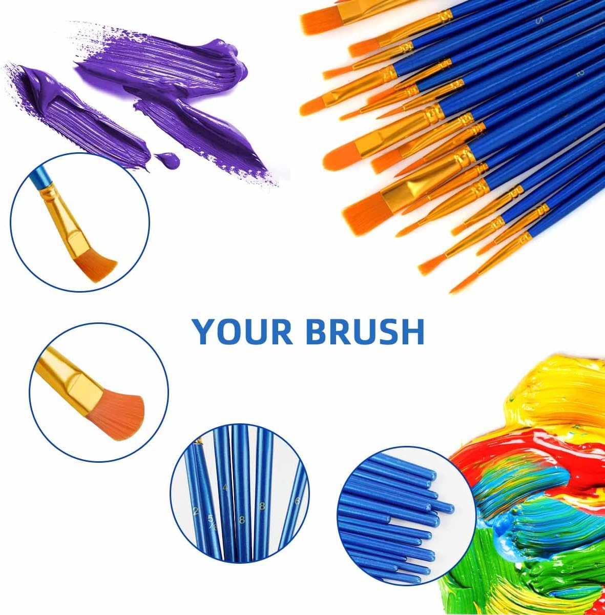20 Pcs Paint Brushes Painting Brush for Acrylic Oil Watercolor Flat and Round Set Washable Artist Small Bulk Toddler Hog Bristle Art Pack