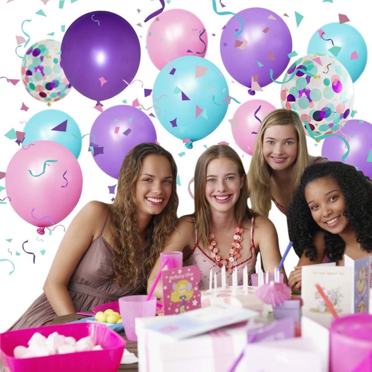 50 Pack Mermaid Party Balloons 12 Inch Light Purple Dark Pink Blue Latex & Confetti Birthday Bridal Shower Wedding Baby Decorations Princess Supplies