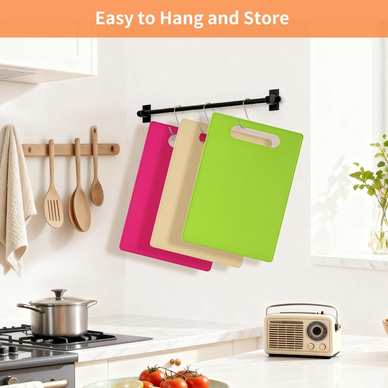Plastic Cutting Board Set, 3 Pack Small Chopping Boards for Kitchen, BPA-Free, Dishwasher Safe, Color Coded Pads Meat Vegetable Fruit, Easy Grip Handle, Non-Slip, Space Saving 11.4"L x 7.5"W 0.08"Th