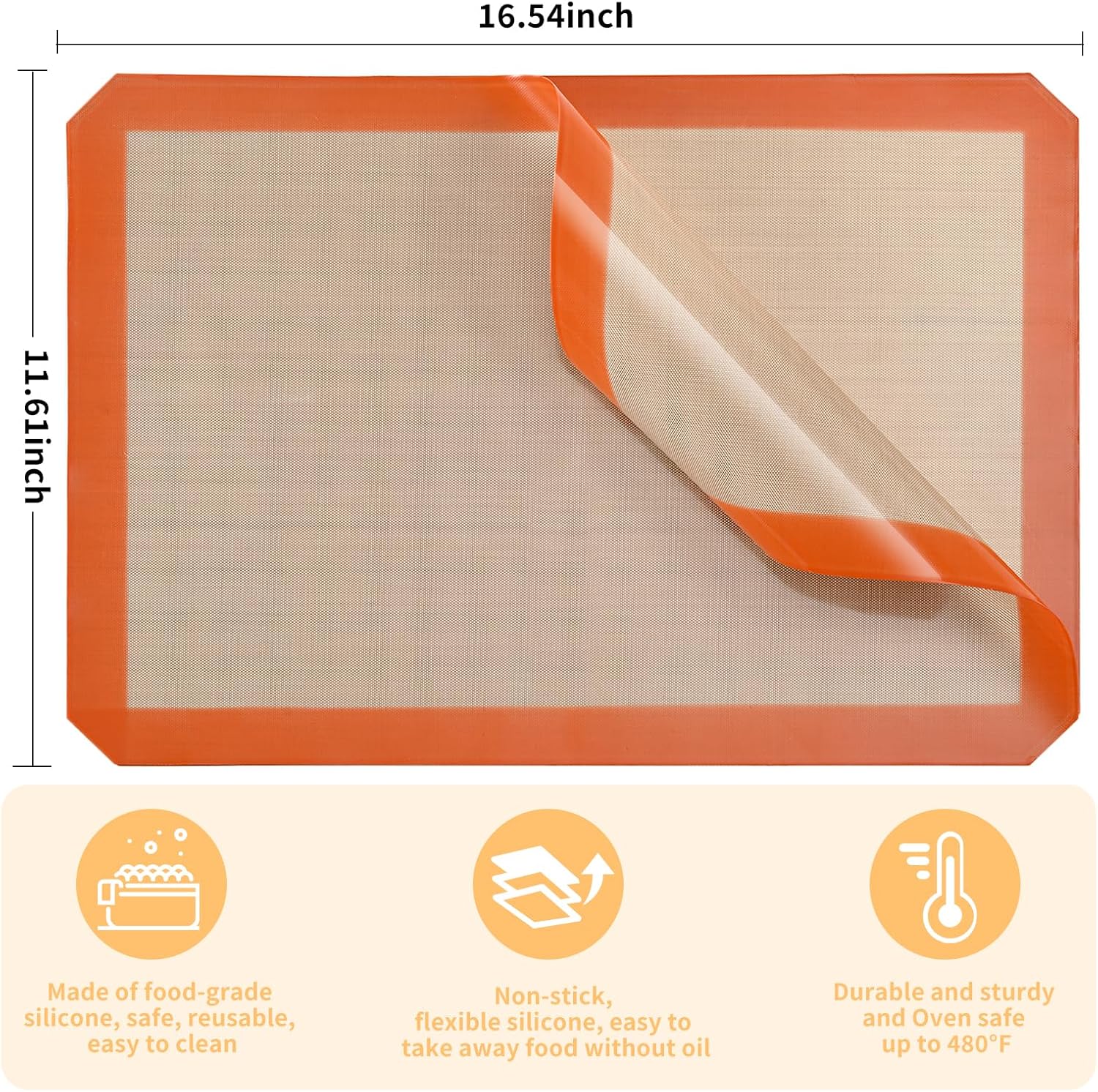 2-Pack Silicone Baking Mats – Non-Stick Reusable BPA-Free Oven Liners, 100% Food-Grade Silicone, Fit Half Sheet Pans 16.54" x 11.62" for Cookies, Pastry & More Orange/Beige, 0.4mm