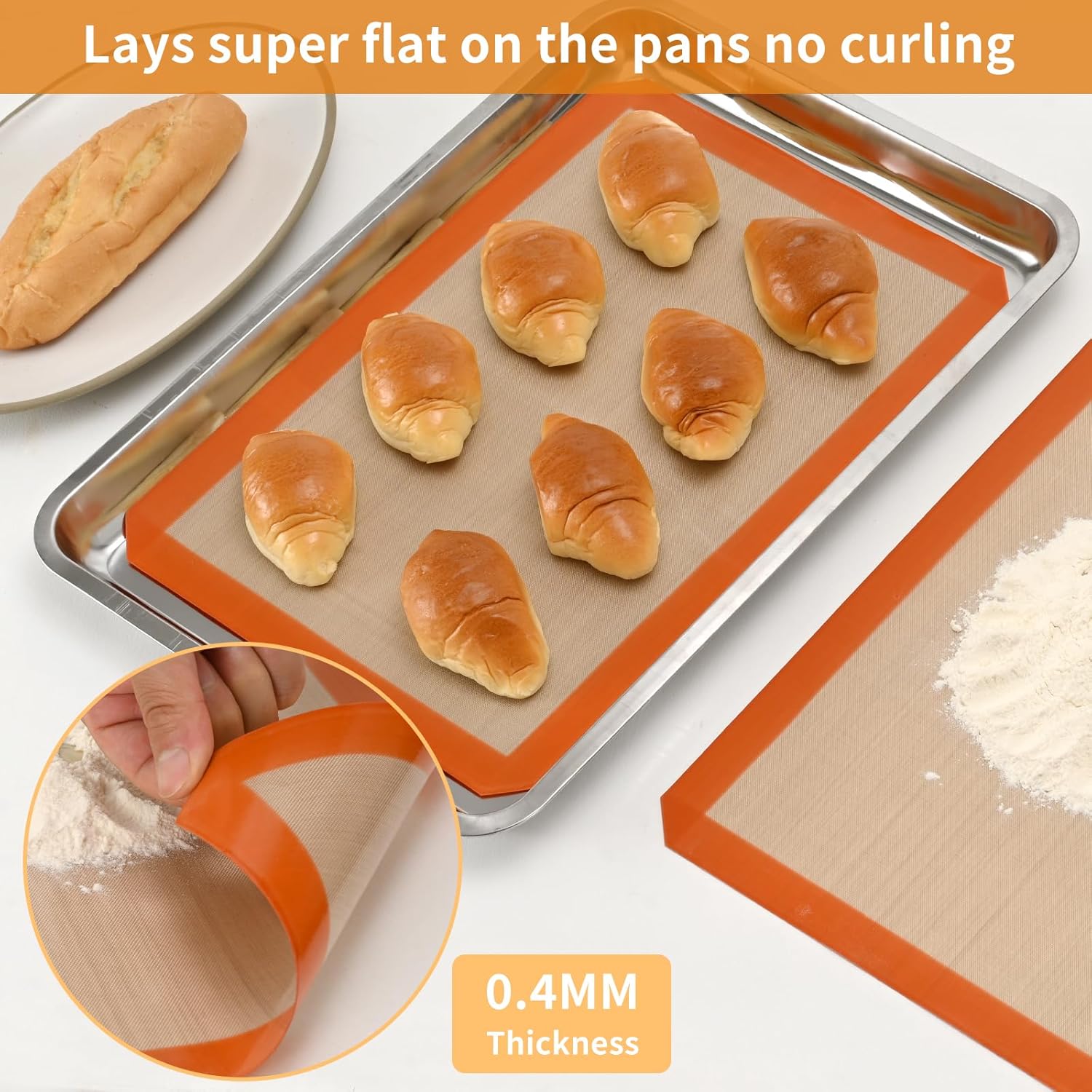 2-Pack Silicone Baking Mats – Non-Stick Reusable BPA-Free Oven Liners, 100% Food-Grade Silicone, Fit Half Sheet Pans 16.54" x 11.62" for Cookies, Pastry & More Orange/Beige, 0.4mm