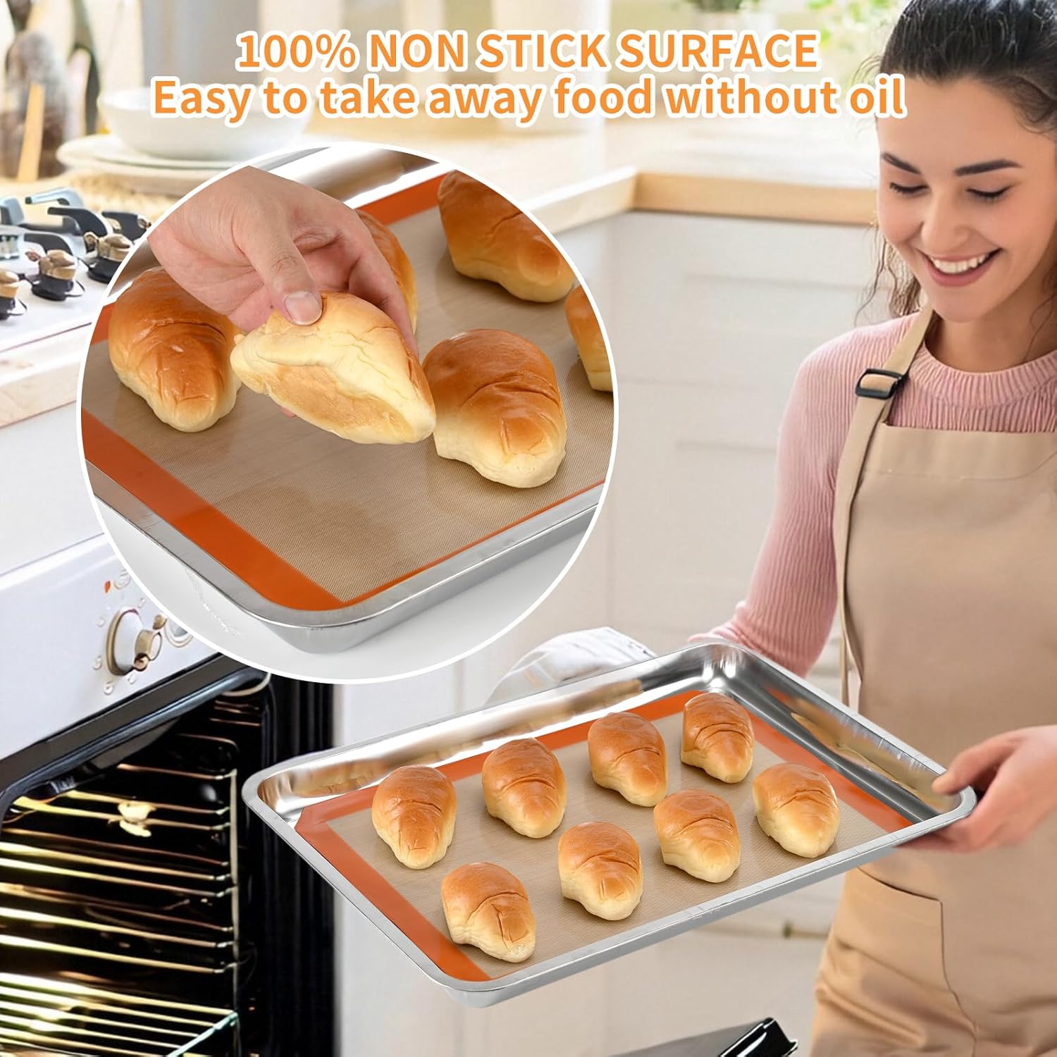 2-Pack Silicone Baking Mats – Non-Stick Reusable BPA-Free Oven Liners, 100% Food-Grade Silicone, Fit Half Sheet Pans 16.54" x 11.62" for Cookies, Pastry & More Orange/Beige, 0.4mm