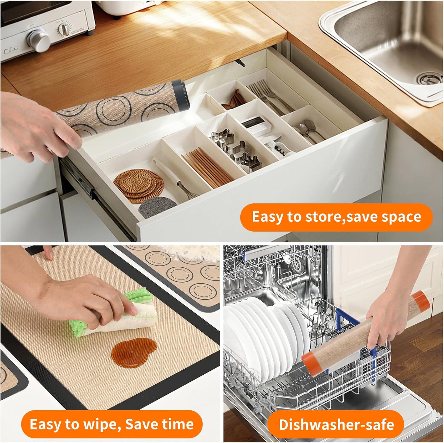 2-Pack Silicone Baking Mats – Non-Stick Reusable BPA-Free Oven Liners, 100% Food-Grade Silicone, Fit Half Sheet Pans 16.54" x 11.62" for Cookies, Pastry & More Orange/Beige, 0.4mm
