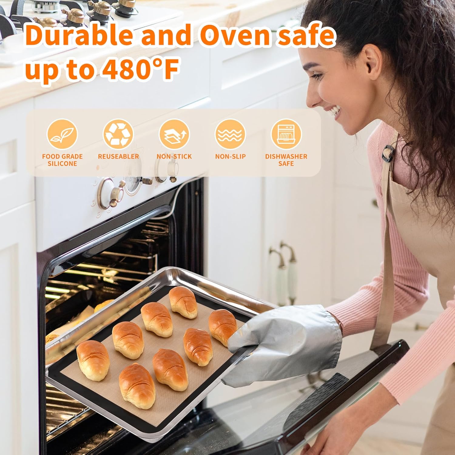 2-Pack Silicone Baking Mats – Non-Stick Reusable BPA-Free Oven Liners, 100% Food-Grade Silicone, Fit Half Sheet Pans 16.54" x 11.62" for Cookies, Pastry & More Orange/Beige, 0.4mm