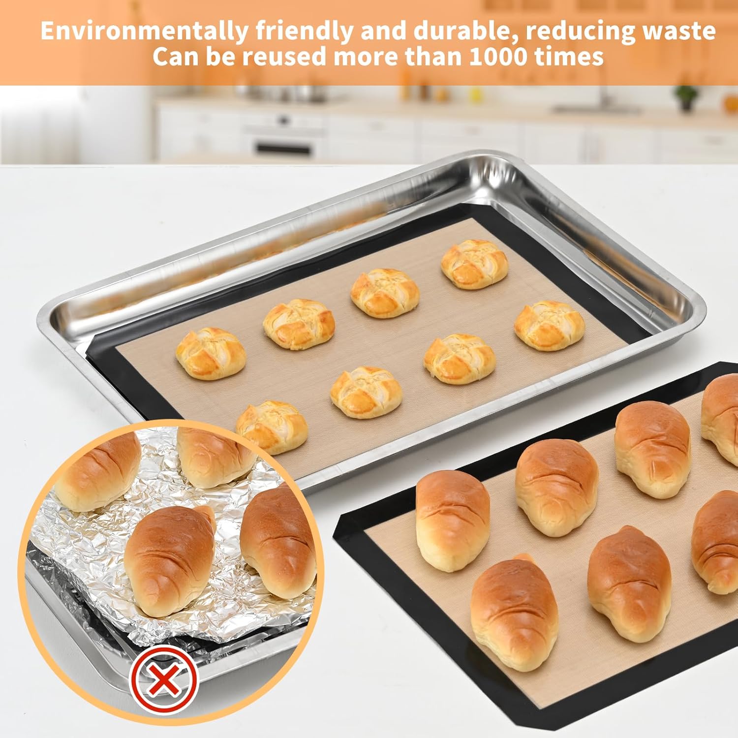 2-Pack Silicone Baking Mats – Non-Stick Reusable BPA-Free Oven Liners, 100% Food-Grade Silicone, Fit Half Sheet Pans 16.54" x 11.62" for Cookies, Pastry & More Orange/Beige, 0.4mm