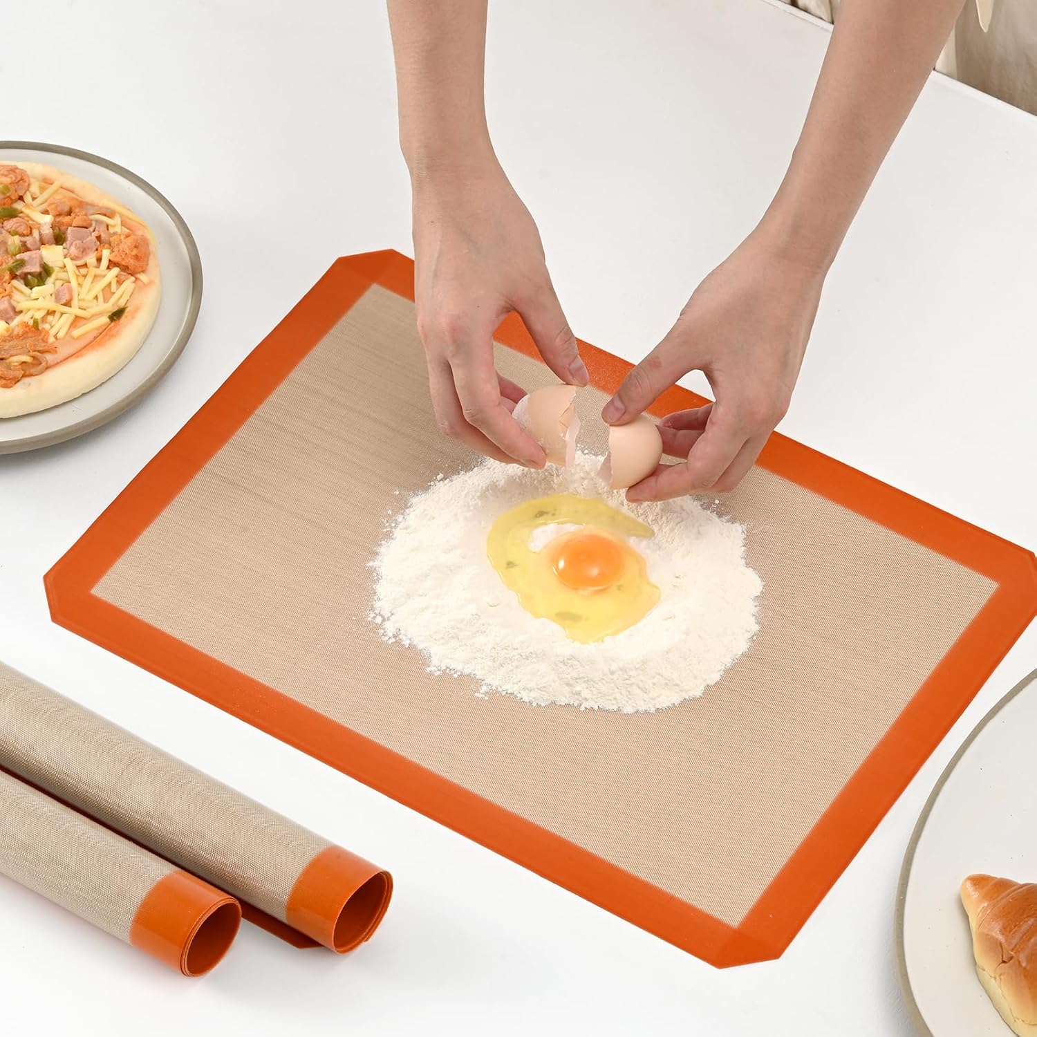 2-Pack Silicone Baking Mats – Non-Stick Reusable BPA-Free Oven Liners, 100% Food-Grade Silicone, Fit Half Sheet Pans 16.54" x 11.62" for Cookies, Pastry & More Orange/Beige, 0.4mm