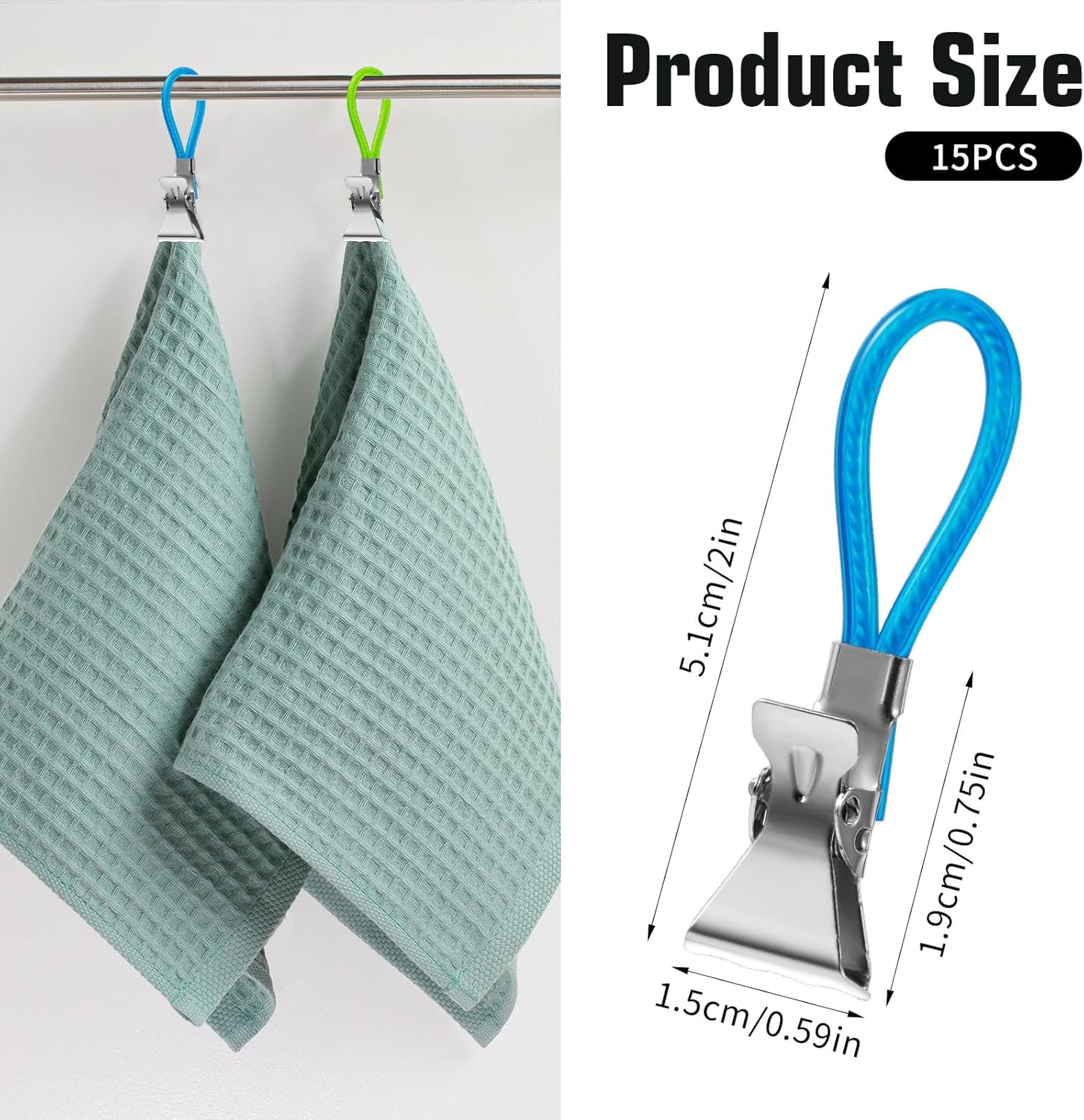 Xindojuz 15 PCS Kitchen Towel Clips, Metal Beach Chair Clips with Hanging Loop for Kitchen, Multi-Color Hanging Towels Clip Small Cloth Hook Clip Hangers for Home Bathroom Cupboards 5 Colors