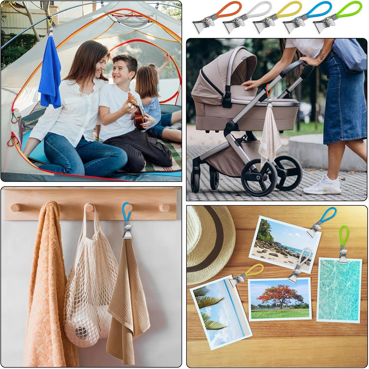 Xindojuz 15 PCS Kitchen Towel Clips, Metal Beach Chair Clips with Hanging Loop for Kitchen, Multi-Color Hanging Towels Clip Small Cloth Hook Clip Hangers for Home Bathroom Cupboards 5 Colors