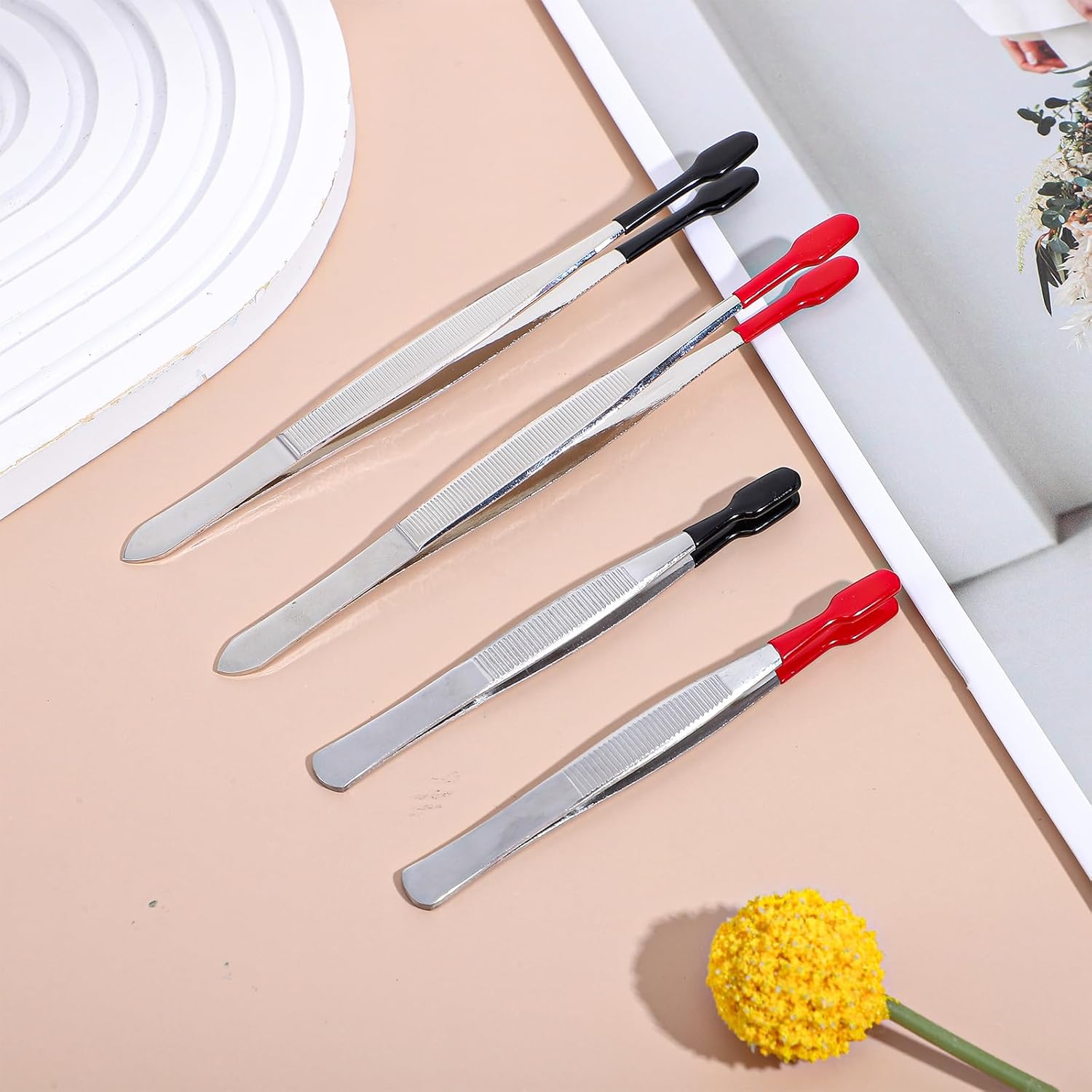 4 Pieces Rubber Tipped Tweezers, Forceps Silicone Coated Flat Tip Long Bent Precision Tweezers, Hobby Craft Tweezer Tools for Crafting Stamps Coins Jewelry Industrial Electronic Lab Black & Red
