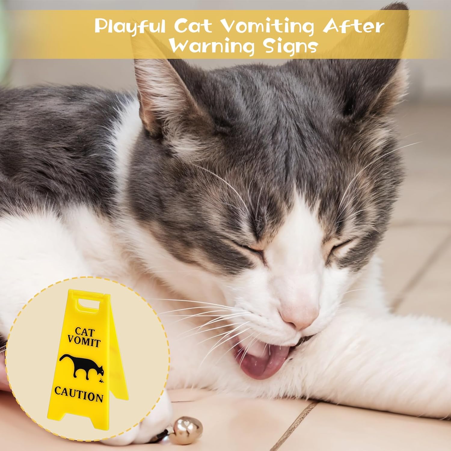 Xindojuz 3 PCS Cat Vomit Caution Sign, 3D Double-sided Printed Funny Cats Warning Signs Decor, Mini Novelty Table Desk Plaque, Perfect Gag Gifts for Cat Lovers and Humor Enthusiasts 4 Inch, Yellow