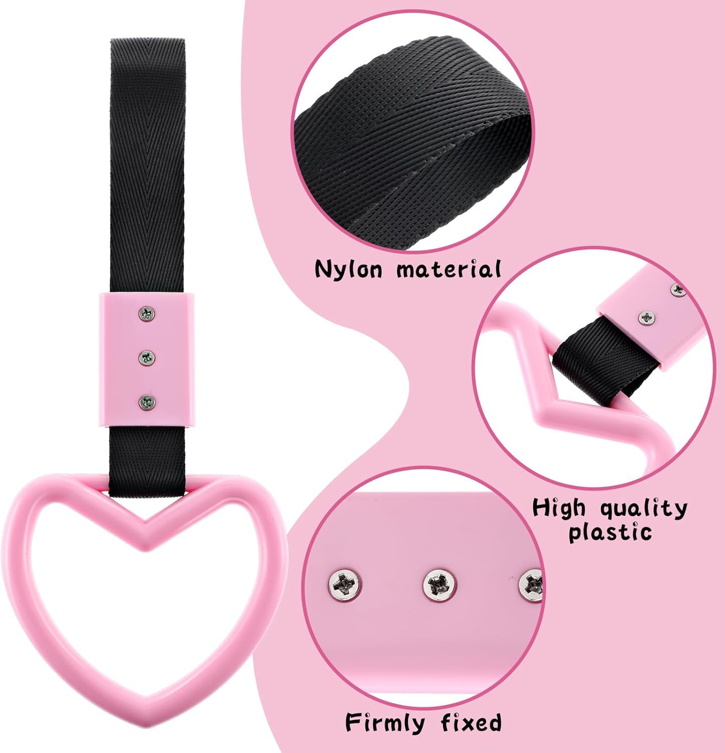 2 PCS Car Heart Hanging Accessories Drift Charm Pink Heart Handle Strap for Car Rear Bumper Warning Ring Decor Heart-Shaped Straps Subway Bus Replace Handle Interior Exterior Decoration