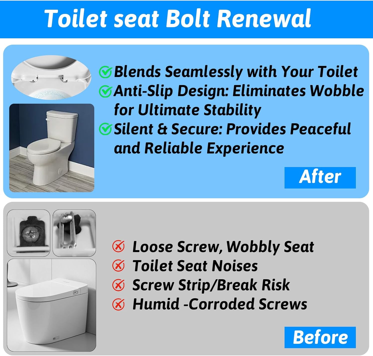 4 Set Stainless Steel Toilet Seat Bolts, 10mm Toilet Seat Screws Replacement Kit with Expanding Rubber Nuts Universal Toilets Seats Hardware for Most Top Mount Toilets Seats Tightening Kit Replacement