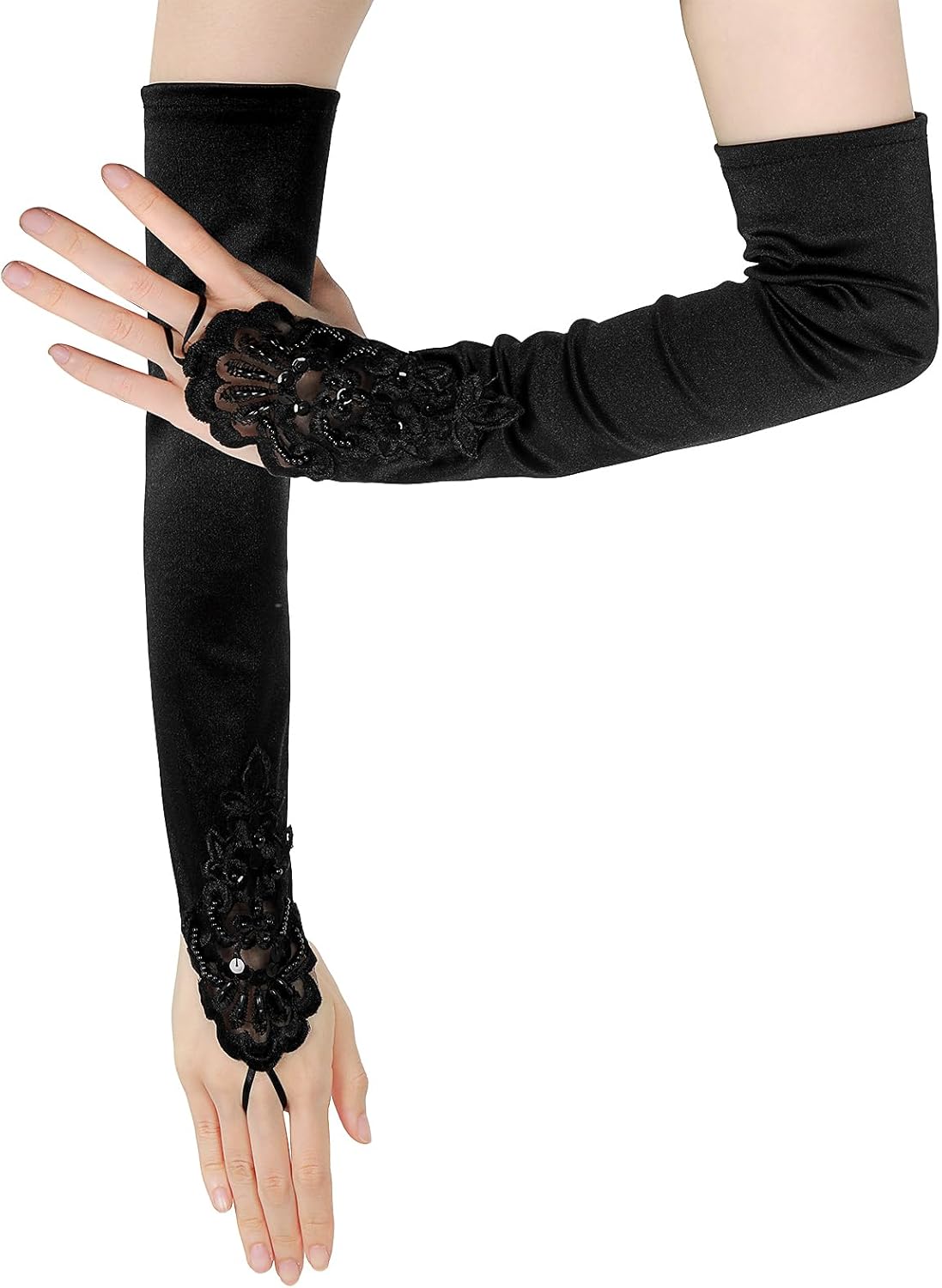 Satin Opera Gloves - Elbow Length, Black, Stretchy Fingerless, Perfect for 1920s Party & Wedding