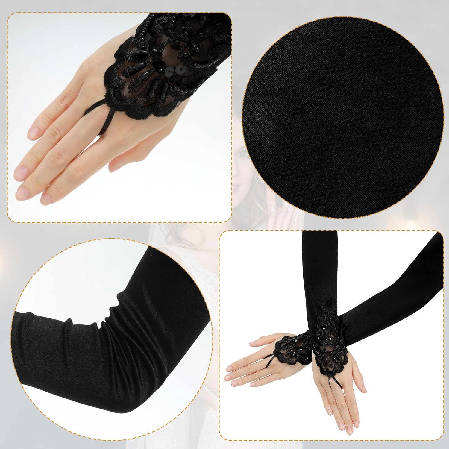 Satin Opera Gloves - Elbow Length, Black, Stretchy Fingerless, Perfect for 1920s Party & Wedding