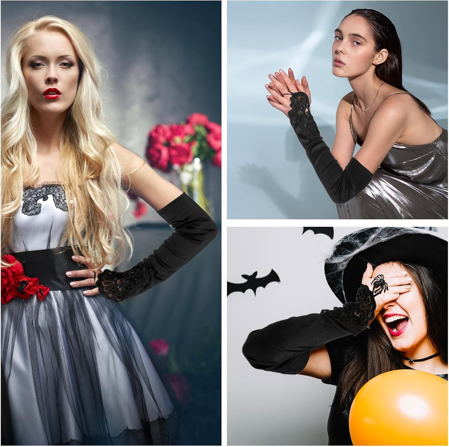 Satin Opera Gloves - Elbow Length, Black, Stretchy Fingerless, Perfect for 1920s Party & Wedding