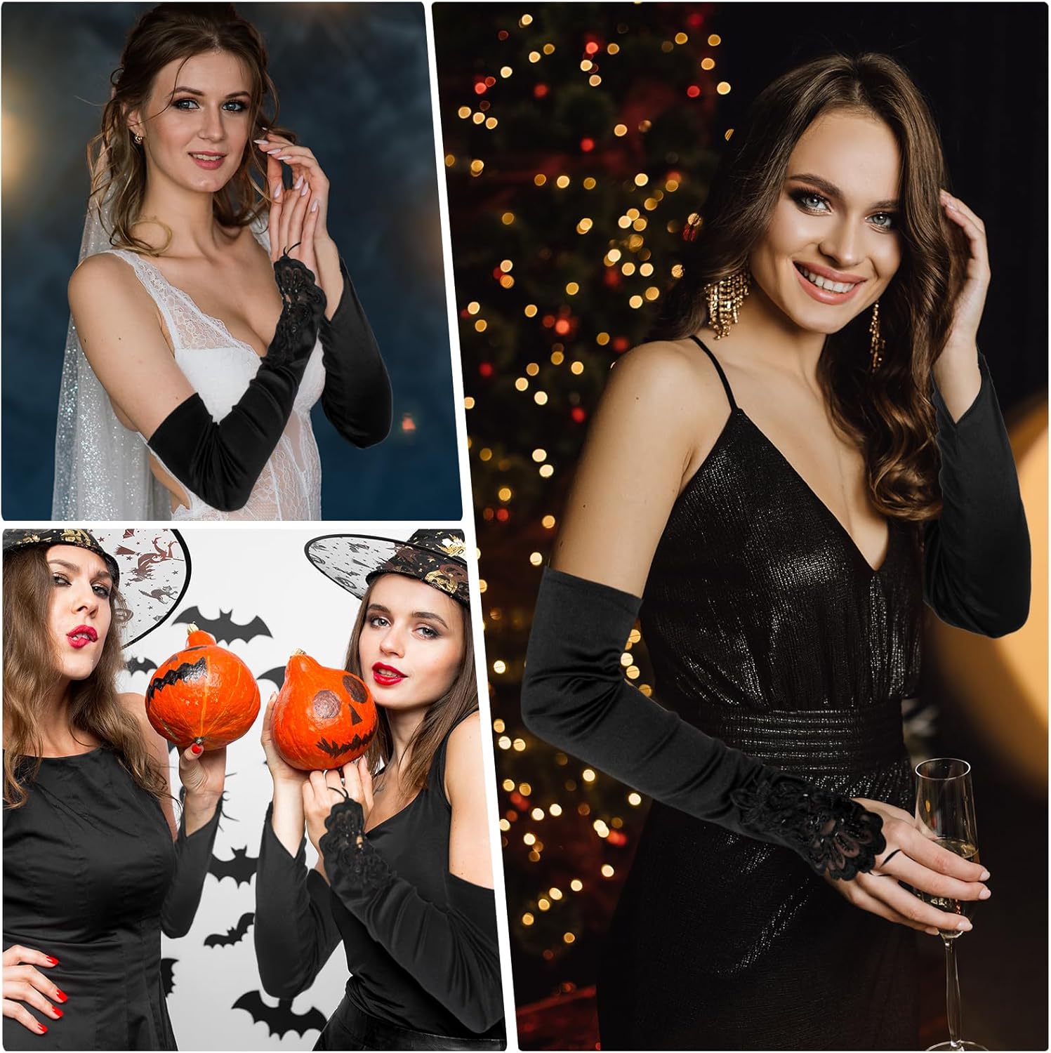 Satin Opera Gloves - Elbow Length, Black, Stretchy Fingerless, Perfect for 1920s Party & Wedding
