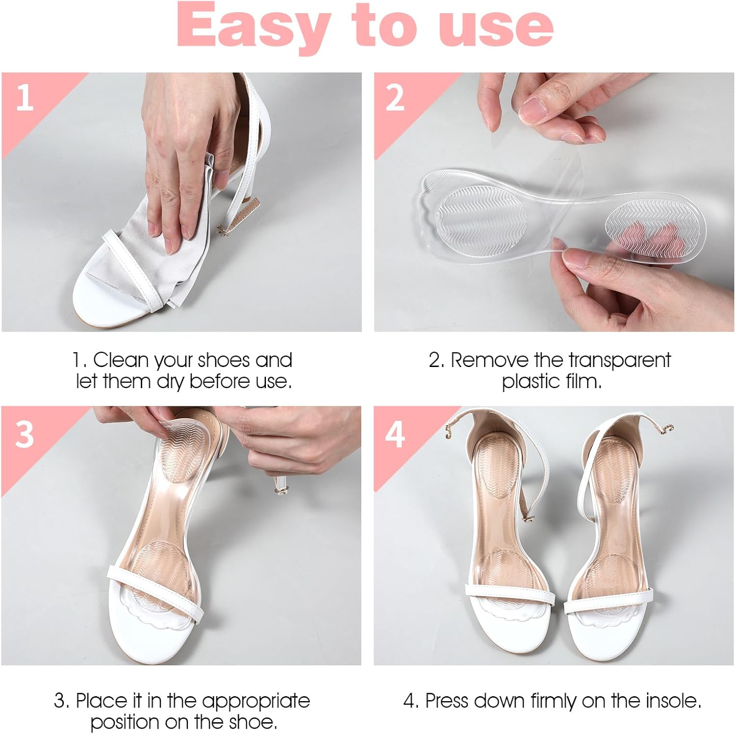 2 Pair Gel High Heel Inserts for Women, 3/4 Length Clear Shoe Inserts for Women, Comfort Pads Non-Skidding Adhesive Shoe Support Cushion Insoles for High Heels for Sandals Flats Boots Pumps