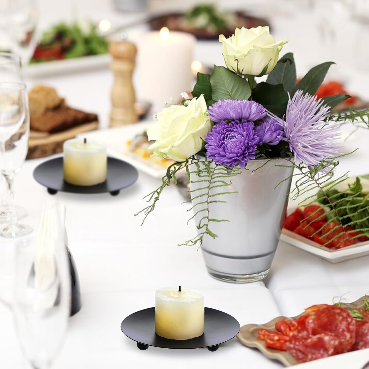 2 Pcs Black Short Candle Holder Candle Coasters 3.54" Flat Pillar Candles Coaster Decorative Iron Pillar Candles Plate for Incense Cones Spa Weddings Black