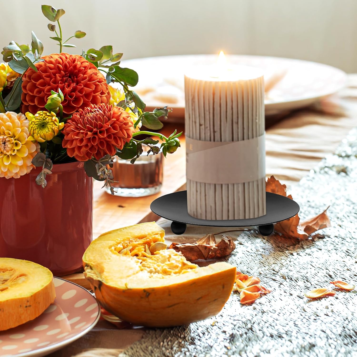 2 Pcs Black Short Candle Holder Candle Coasters 3.54" Flat Pillar Candles Coaster Decorative Iron Pillar Candles Plate for Incense Cones Spa Weddings Black