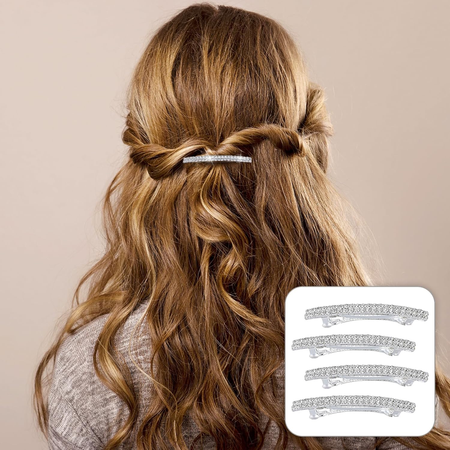 4 PCS Small Sparkly Rhinestone Hair Clips, Silver Crystal Ponytail Holder Side Clips Bling Metal Spring Hair Barrettes for Women Girls Bridal Wedding Engagement Prom Valentines