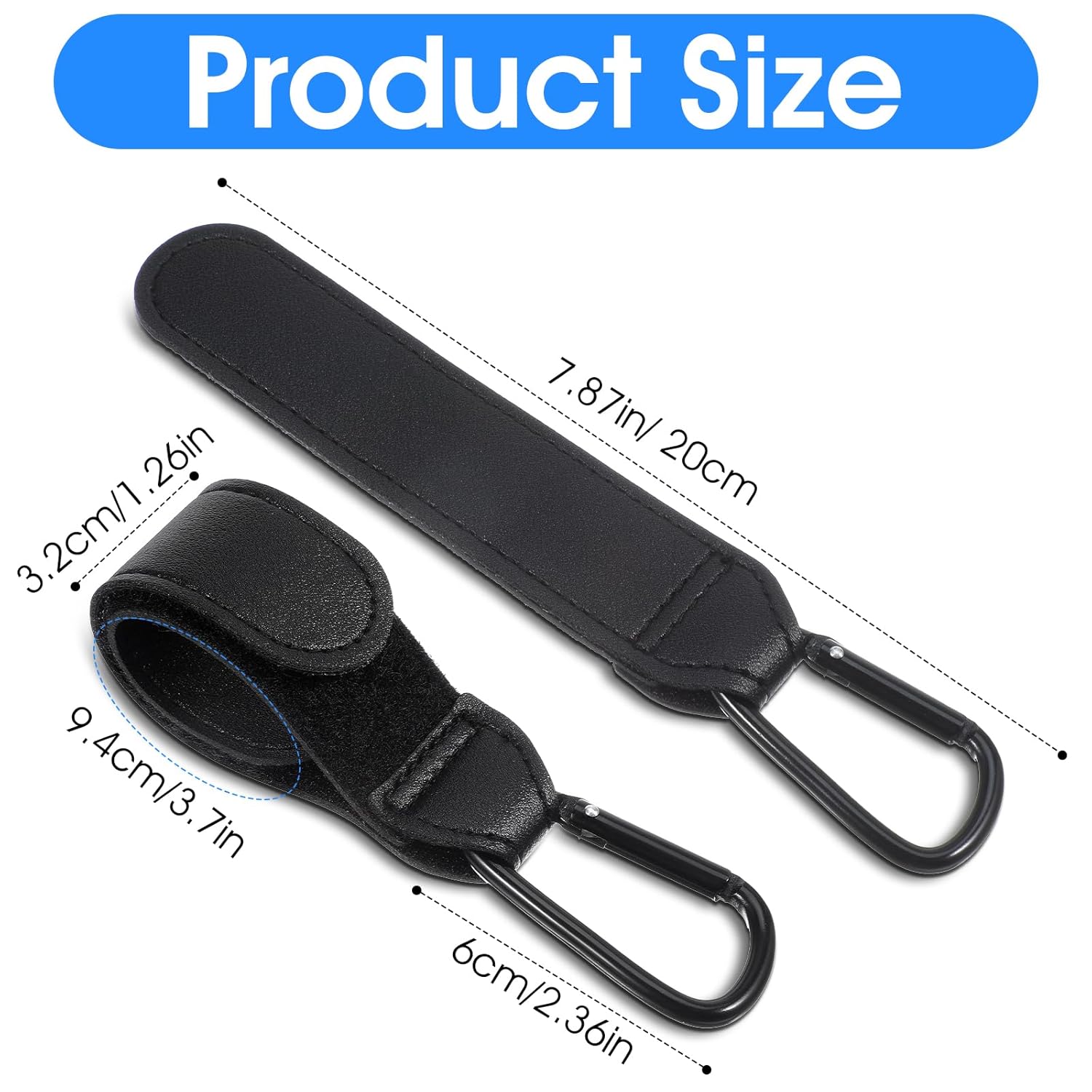 Xindojuz 2 PCS Stroller Hooks for Bags, Multipurpose Stroller Straps with Large Carabiner Clip for Hanging Diaper Bag and Strollers Organizer Accessories for Wheelchair, Shopping and Pet Carts Black